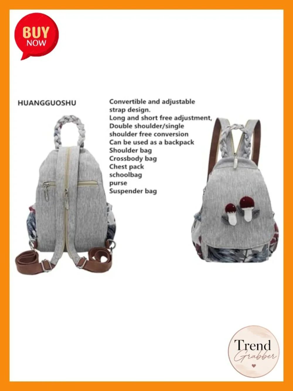 Boho Backpack Purse Embroidered Woven Canvas Mushroom Sling Bag Adjustable Strap